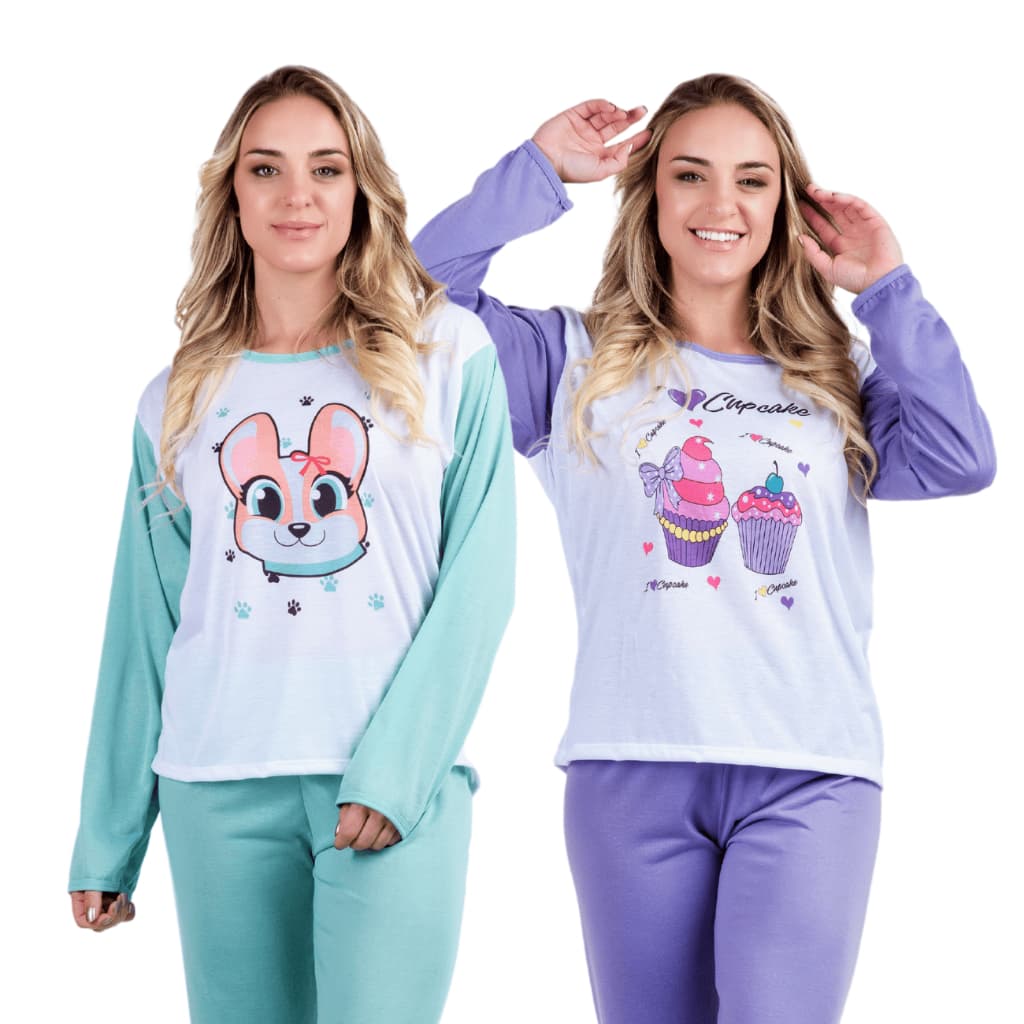Promoção Kit 2 Pijamas Estampados Feminino Longo Inverno Adulto Roupa De Dormir Confortável Colorida Para Revenda 314