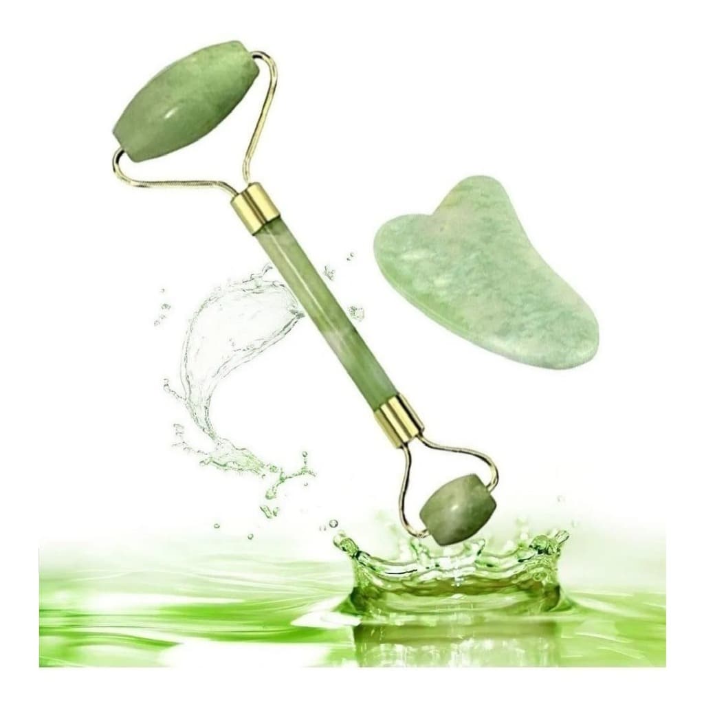 Rolo Jade + Placa Gua Sha Massagem Facial Anti Ruga Blogueira Variações Rolo Pedra Jade