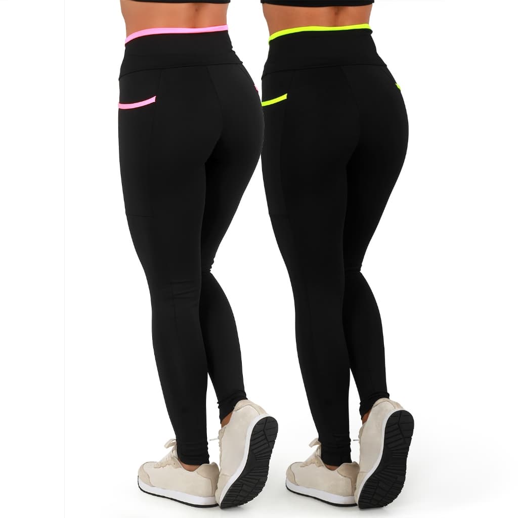 Kit 2 Calças Legging Fitness Feminina Academia Cós Alto Com Bolsos Laterais