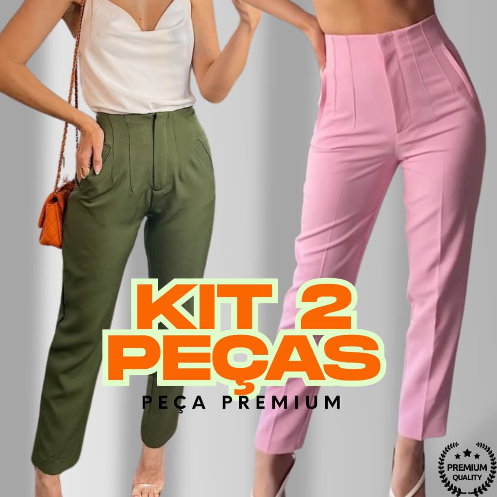 Kit Exclusivo: 2 Calças Alfaiataria Femininas - Verde Militar & Rosa Bebê, Edição Limitada