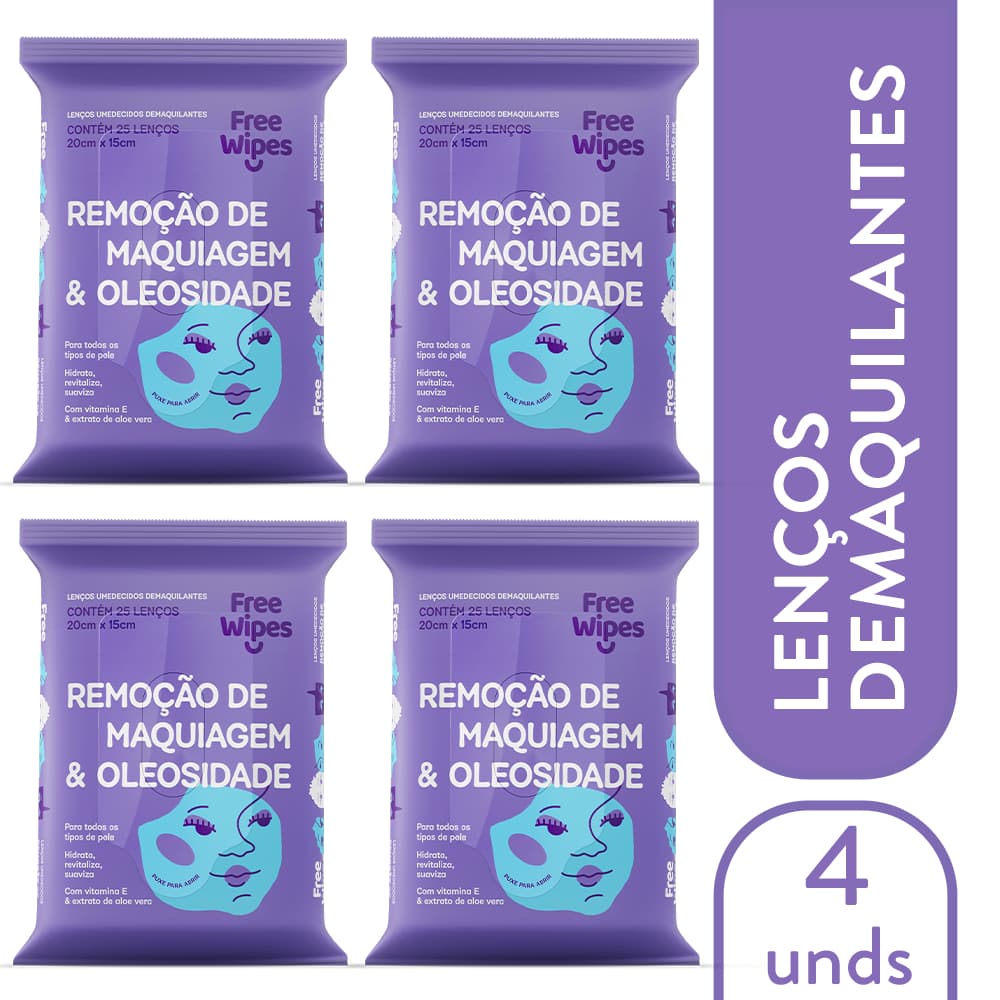 Kit 4 Pacotes de Lenço Umedecido Demaquilante Free Wipes