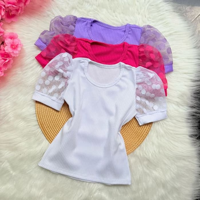 Blusa infantil Menina  Manga Tule Princesa Bufante /Blusinha manga Tule Canelada Manga Curta
