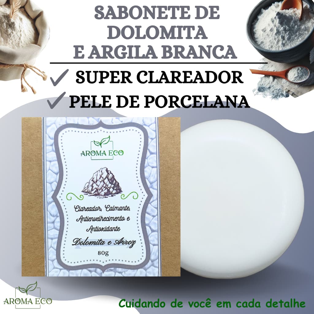 Sabonete Clareador de Dolomita e Argila Branca e Óleo de Rosa Mosqueta Pele de Porcelana 90g