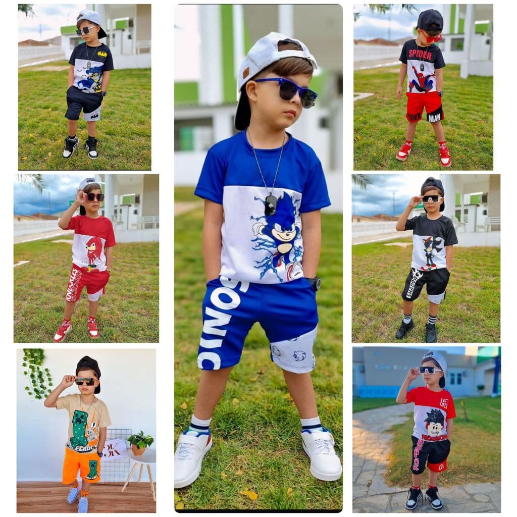 Conjunto Infantil Menino Bermuda e Camisa Masculina Juvenil Dryfit  Personagens do 4 ao 14 anos