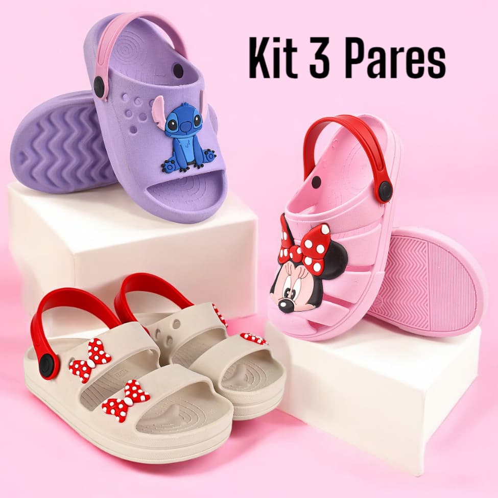 Kit 3 Pares Sandália Infantil Menina Papete Confortável e Babuche
