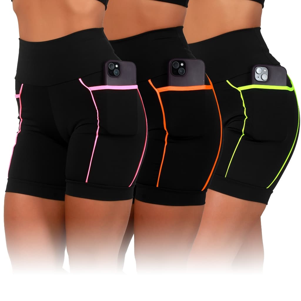 Kit 3 Bermudas Academia Feminina Fitness Cós Alto e Bolsos Laterais Zero Transparência