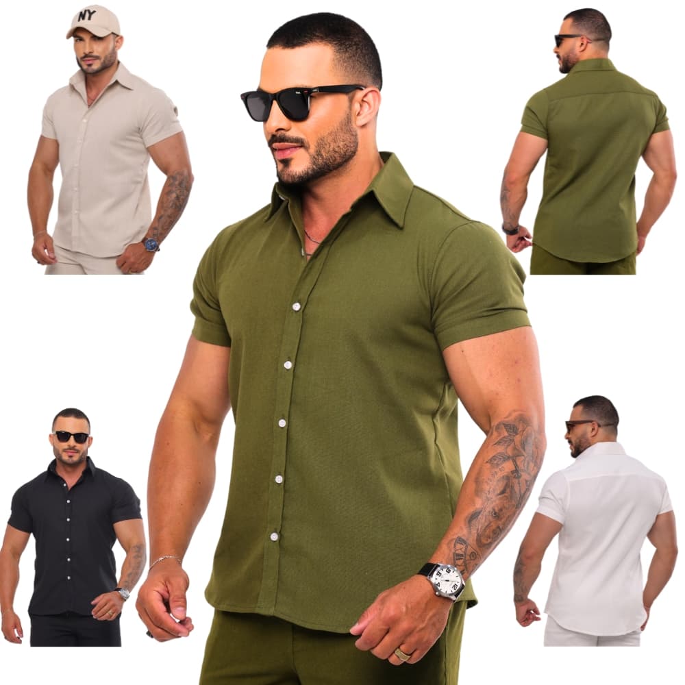 Camisa Masculino Linho Manga Curta Social Casual Slim Fit Verão Elegante