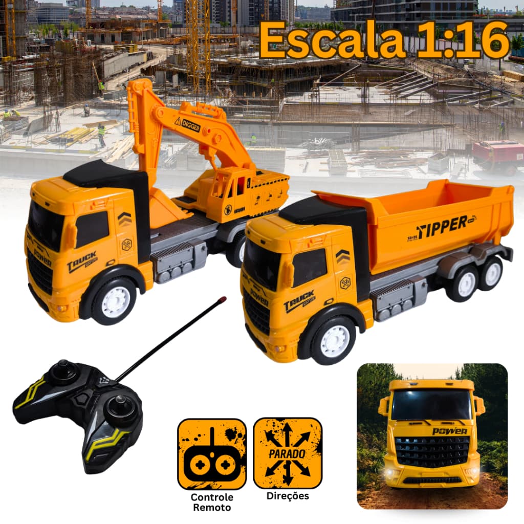 Caminhão controle remoto carrinho de construção escavadeira e caçamba recarregável com led