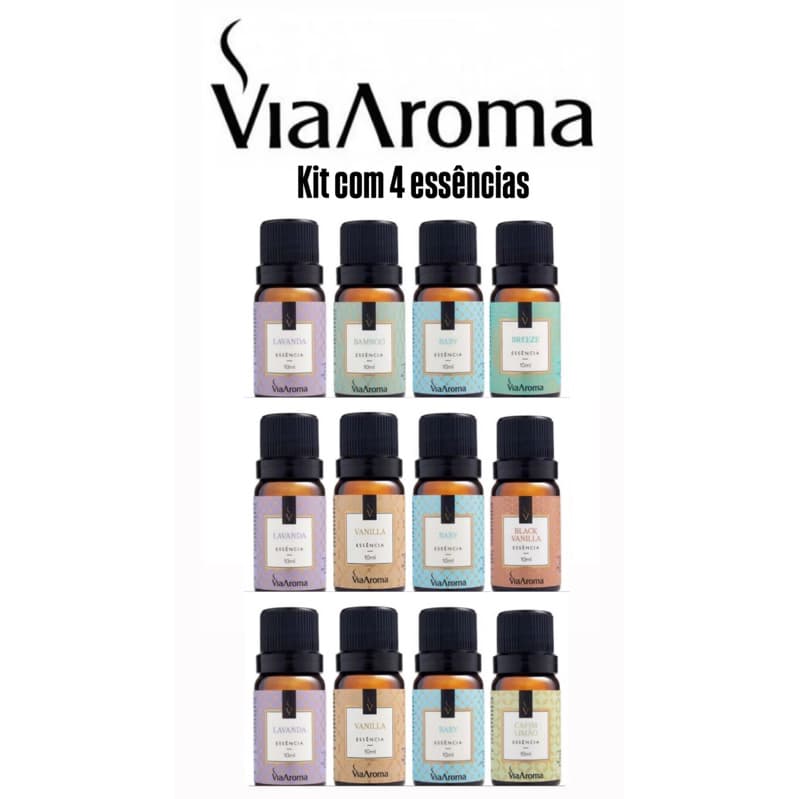 Kit com 4 Essência 10 ML Via Aroma para Aromatizador e Difusor Elétrico de Ambiente