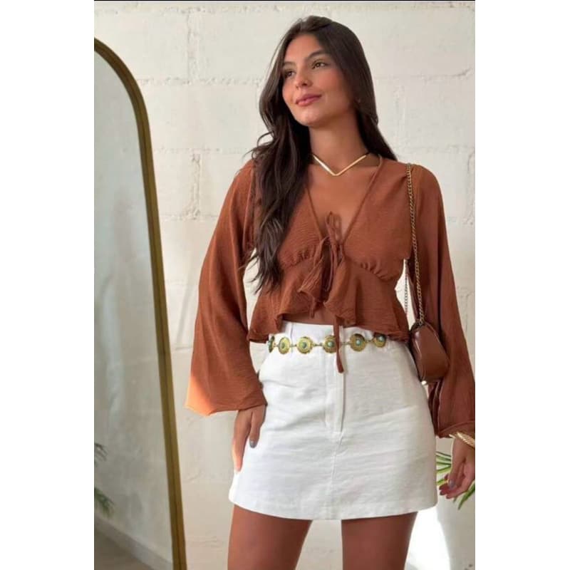 Blusa Cropped Feminina Amarração Frontal Decote Manga Flare Babado