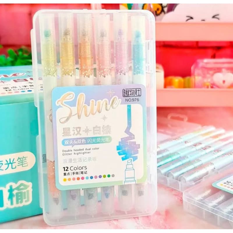 Kit com 6 canetas marca texto com glitter ponta dupla!