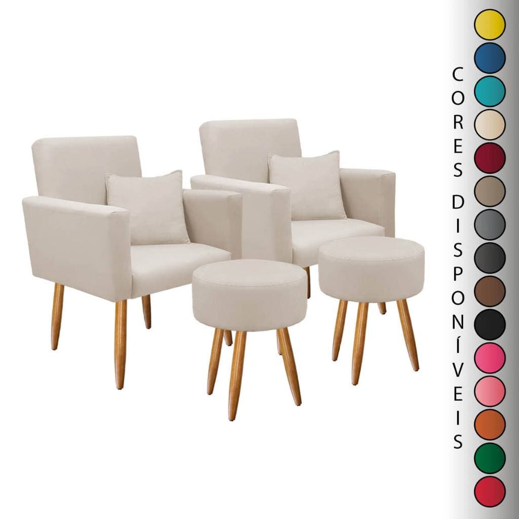 Kit 02 Poltronas Decorativas para Sala Nina com Almofadas e 02 Puff Redondo Suede Aninha Decor