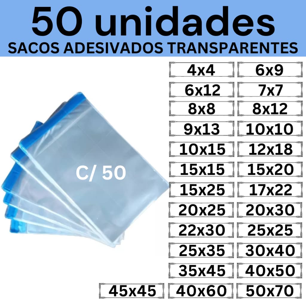 Kit 50 Sacos Adesivados Transparentes 4x4 6x9 6x12 7x7 8x8 8x12 9x13 10x15 12x18 15x15 15x20 30x40 35x45 45x45 50x70