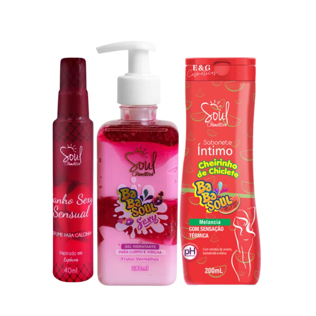 Kit Perfume de Calcinha Sensual + Creme para Virilha Gel Babasoul + Sabonete Íntimo Melancia Soul