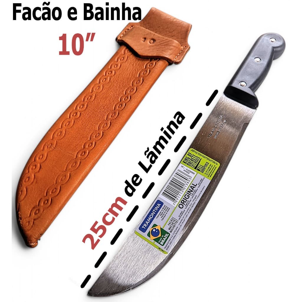 Facão Mato 10 Polegadas Tramontina Aço Carbono Cabo Plástico + Bainha em couro legítimo