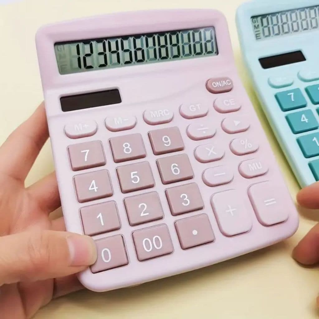 Calculadora Mesa Comercial Escritório Grande 12 Dígitos Solar e Pilha Azul Rosa Colorida