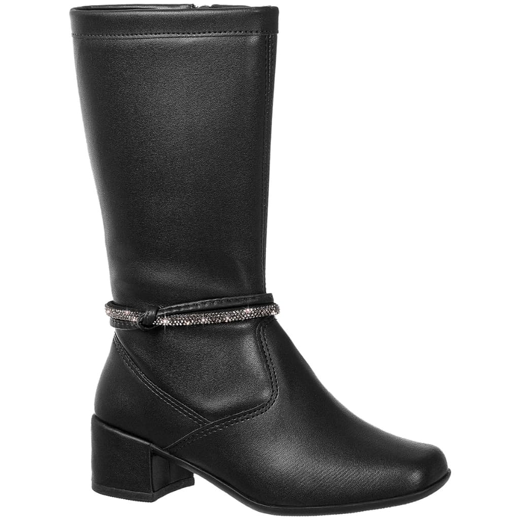 Bota Feminina Infantil GiGiL Teen Menina Saltinho Baixo Cano Longo Bico Quadrado Tira Strass Brilho Confortável Casual