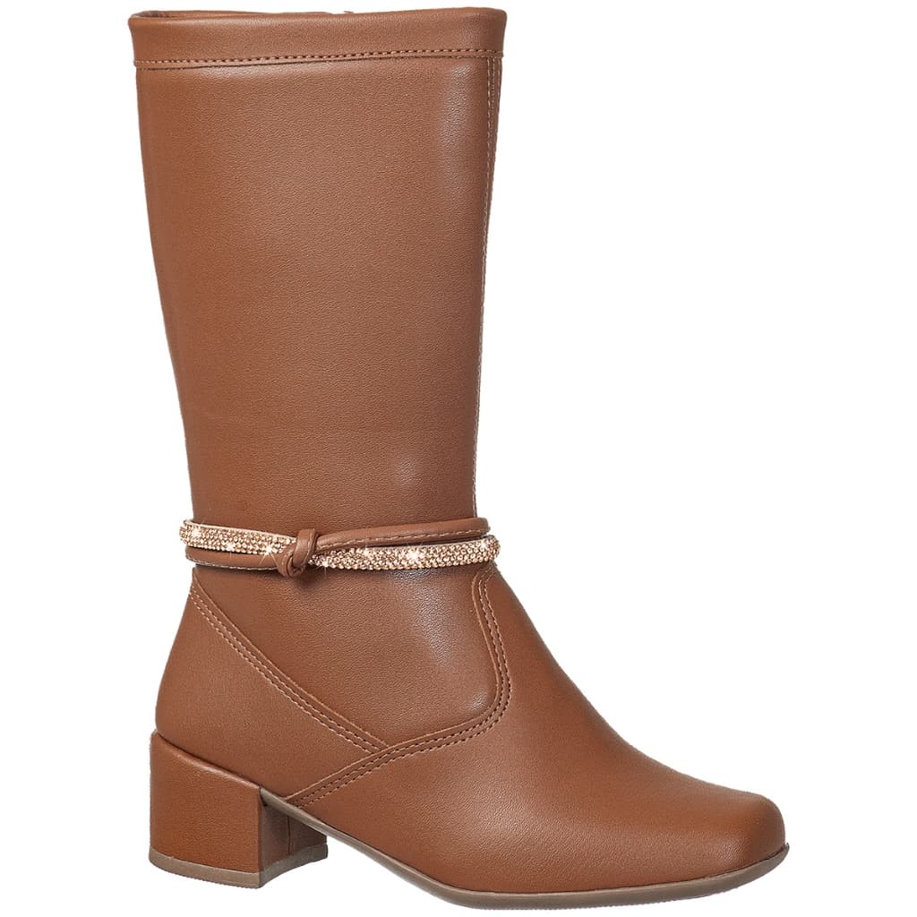 Bota Feminina Infantil GiGiL Teen Menina Saltinho Baixo Cano Longo Bico Quadrado Tira Strass Brilho Casual Confortável