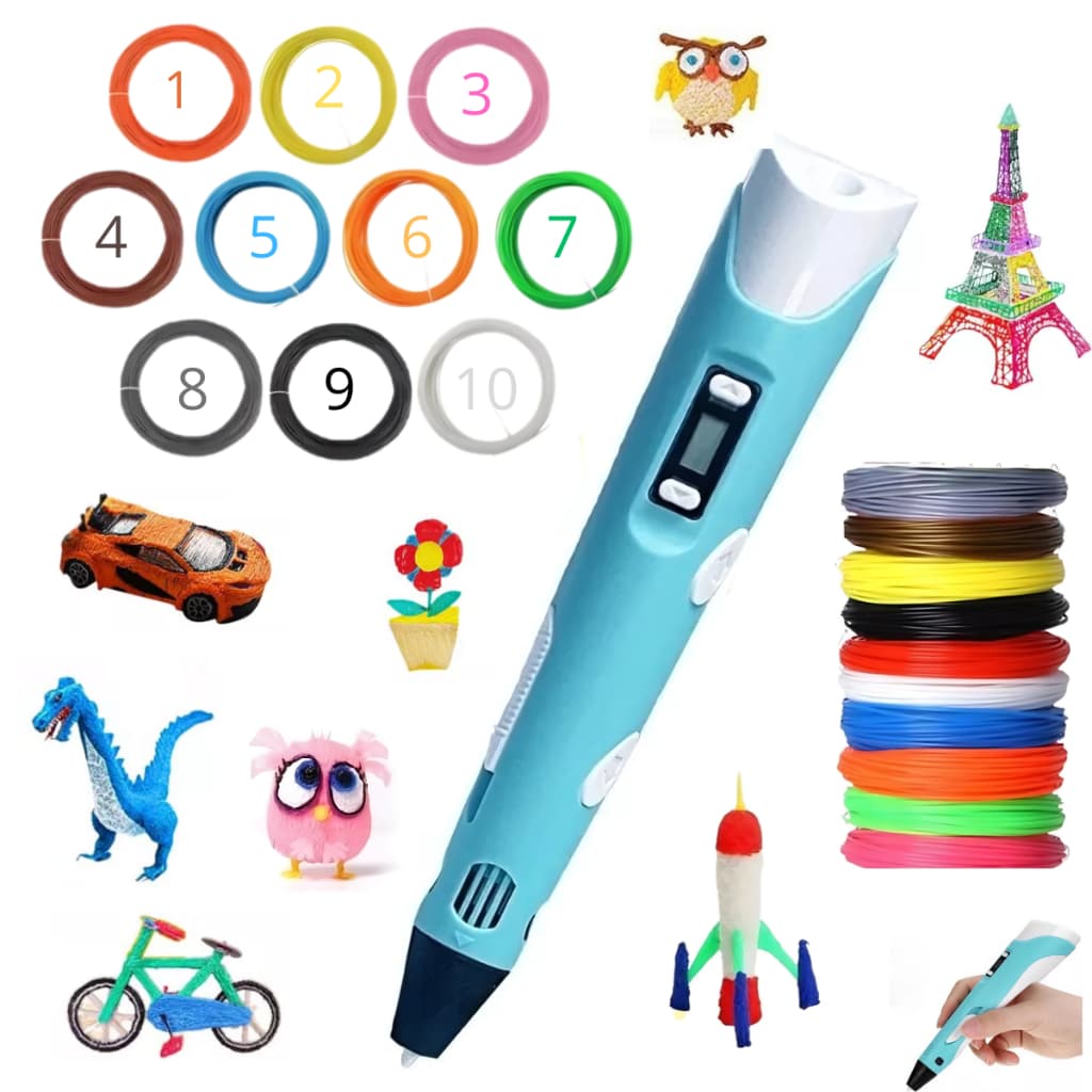 Kit Caneta 3d Impressora Infantil + 10 Refil Filamento 59 Metros de Filamento Brinquedo Educativo Desenho Criativo Magic