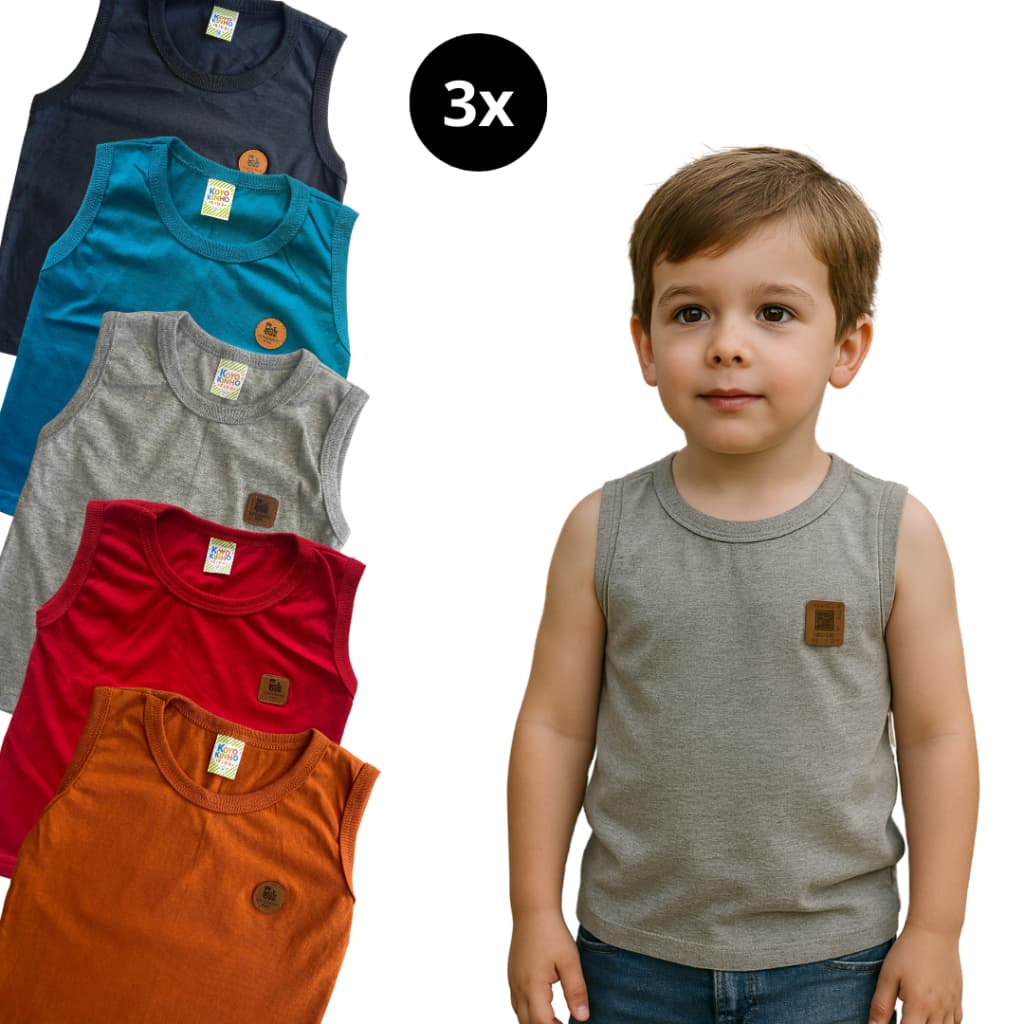 Kit 3 Camiseta Infantil Menino Regata Básica Lisa Verão Tamanho 1 – 12 Anos