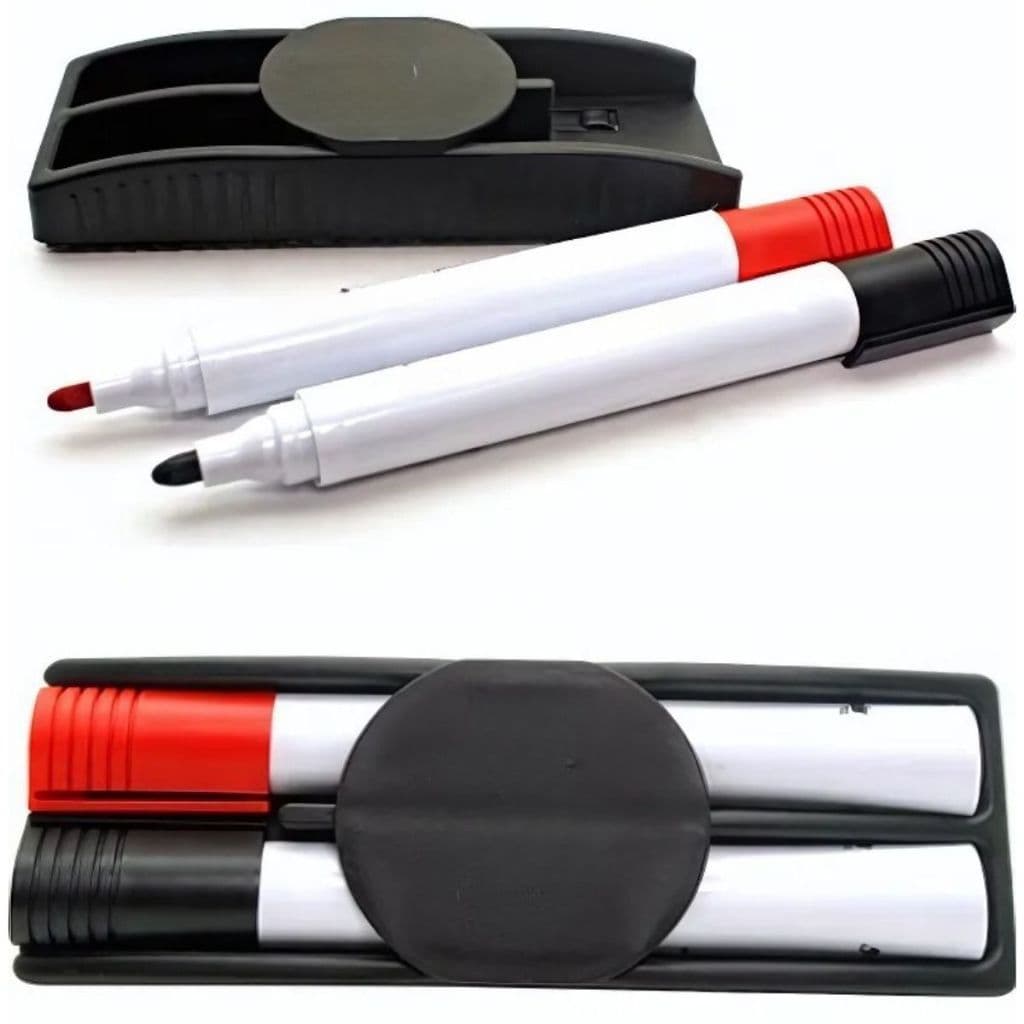 KIT Apagador + 2 Marcadores de Quadro Branco Apagador Lousa Suporte para Marcadores Preto e Vermelho