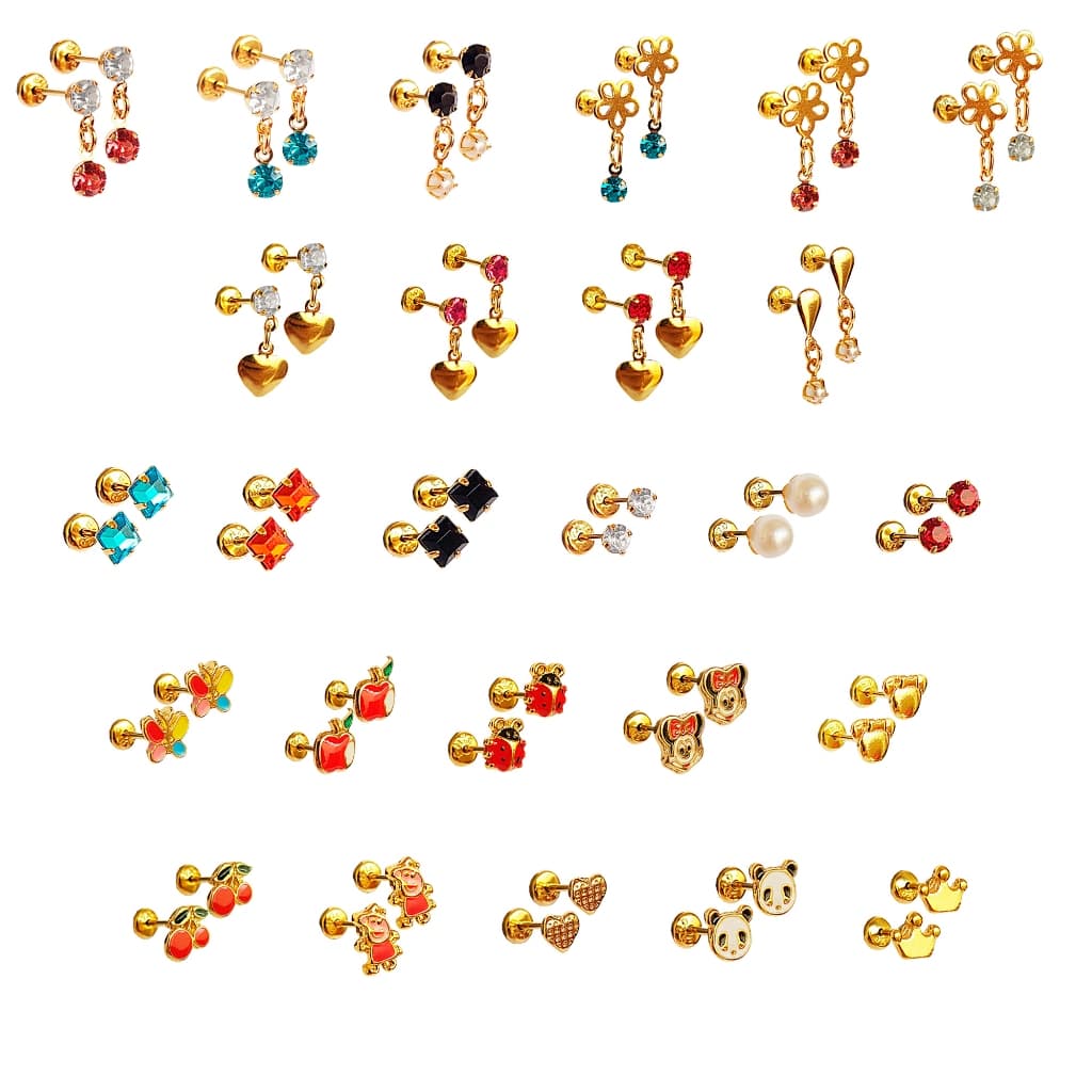 Kit 4 Pares Brincos Folheados Com Tarraxa Baby Para Crianças Dourado Desenhos Delicados Infantil
