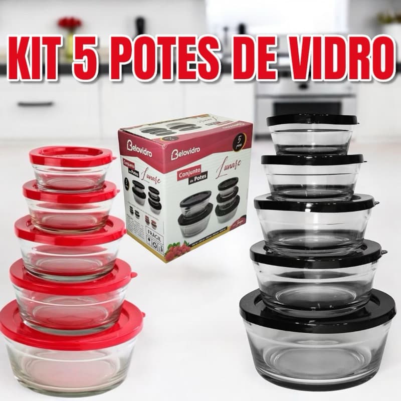 Kit Conjunto 5 Tigelas de Vidro com Vedação Hermética Resistente Não Vaza Cozinha Multiuso