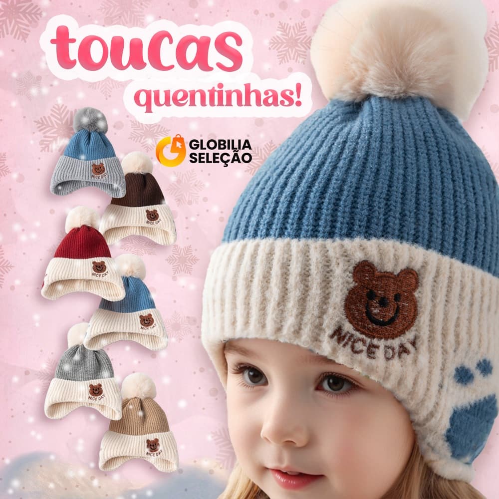 Touca Infantil Gorro Forrada Pompom com Proteção Orelhas Com Estampa Urso Quentinha Frio Para 3 a 10 anos FMZ0326