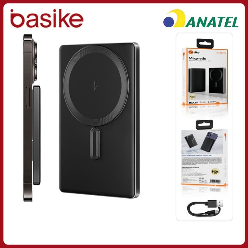 Basike Power Bank Ultra Thin 10000mAh Indução Magsafe Carregador Portátil Bateria de backup de telefone celular，POW115