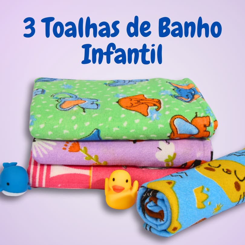 Kit 03 Toalhas Banho Infantil Desenhos Estampas e Outros Ideal para Meninos e Meninas