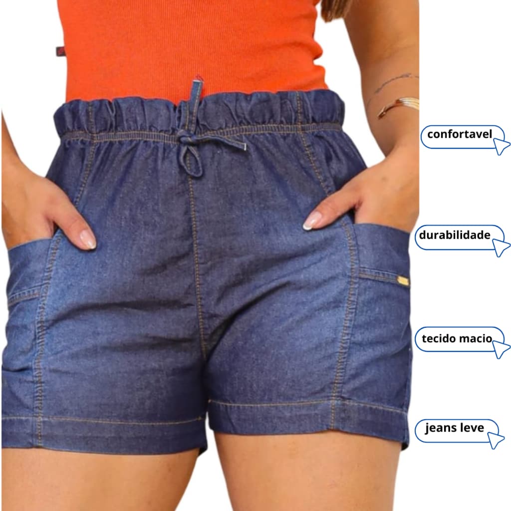 Bermuda jeans soltinha casual, short feminino dia a dia para o verão com elástico na cintura linda.
