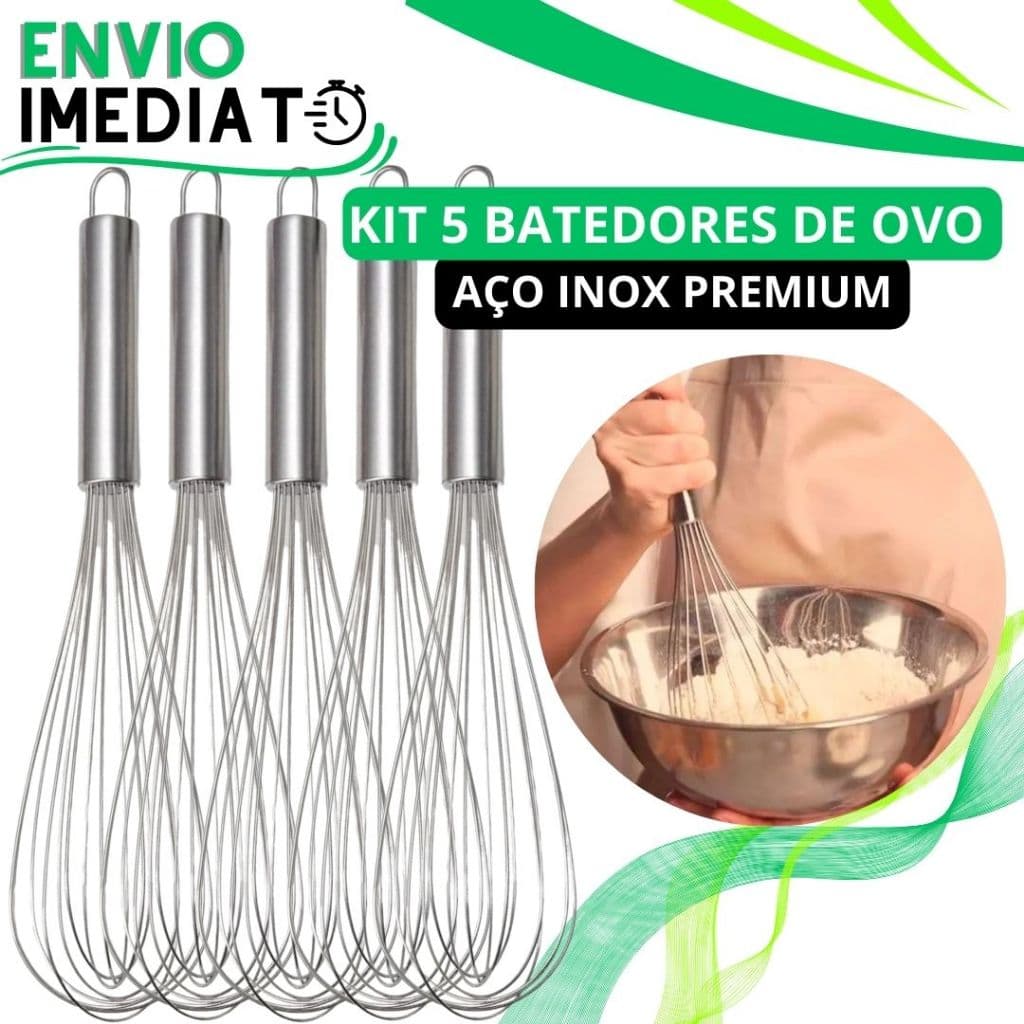 KIT 1/5 Unid Batedor Ovos Fue Fuet Profissional Aço Inox Reforçado Super Resistente Para Casa Cozinha Restaurante Bolo