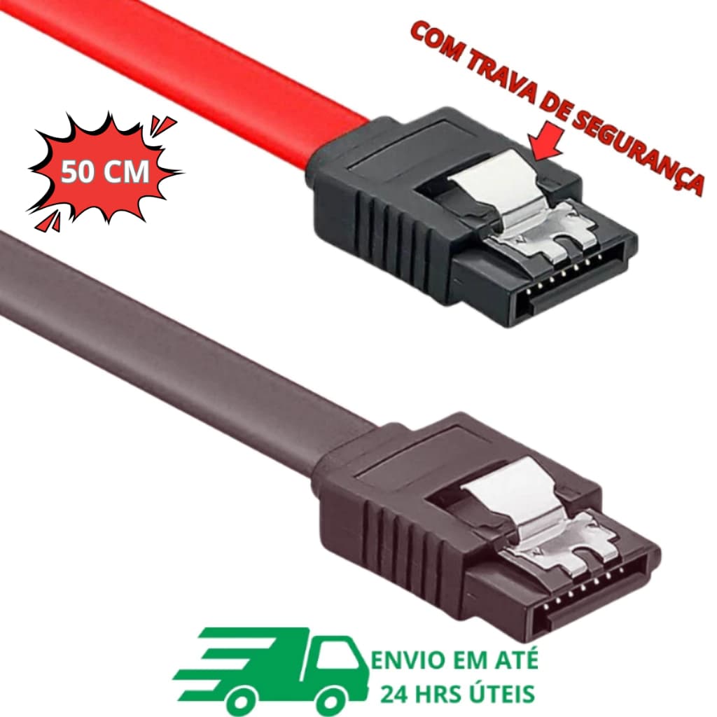 Cabo SATA de Dados 50cm Com trava 6Gb/s SATA 3 Original Vermelho ou Preto