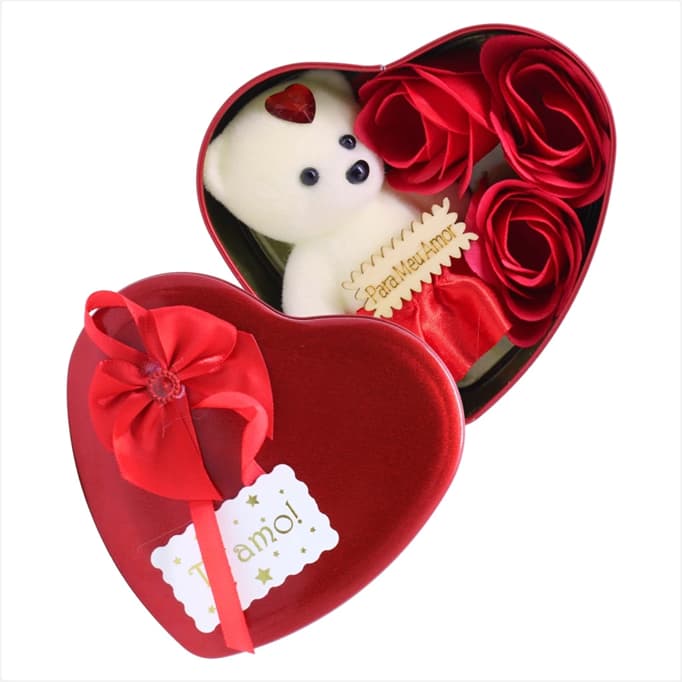 Caixa Coração de metal Com Ursinho e Rosas presente namorada esposa amiga mãe