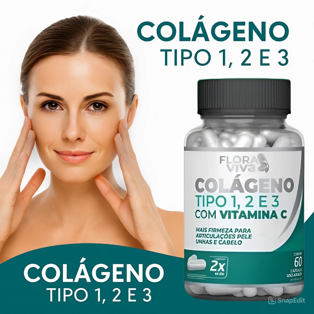 Colágeno Tipo 1, 2 e 3 com Vitamina C - 60 Cápsulas | Articulações, Pele e Cabelos | Flora Viva
