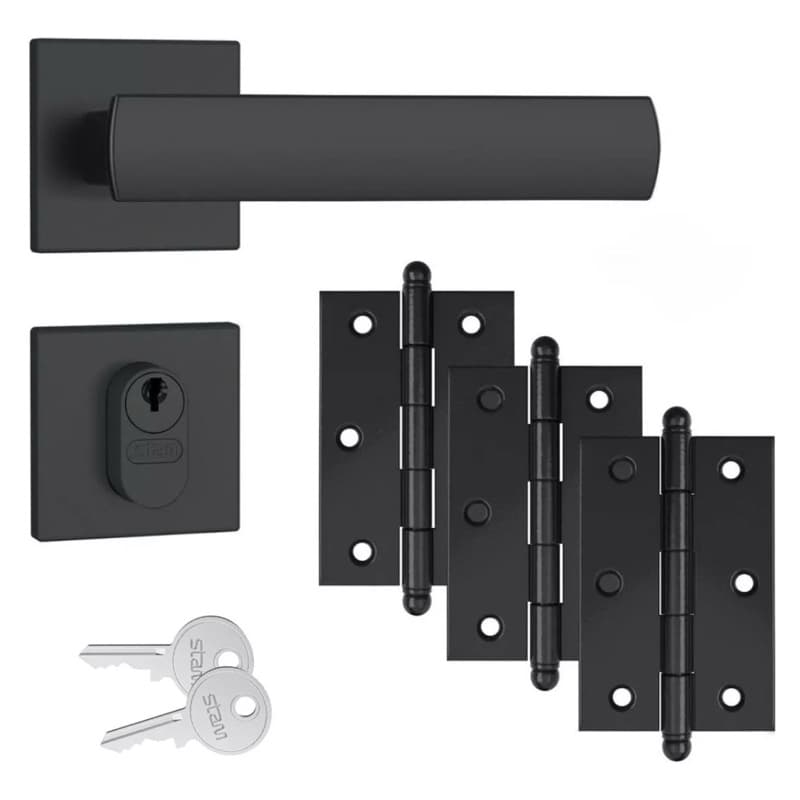 Kit Fechadura Preto Fosco Stam + 3 Dobradiças em Aço Externa Interna e Banheiro