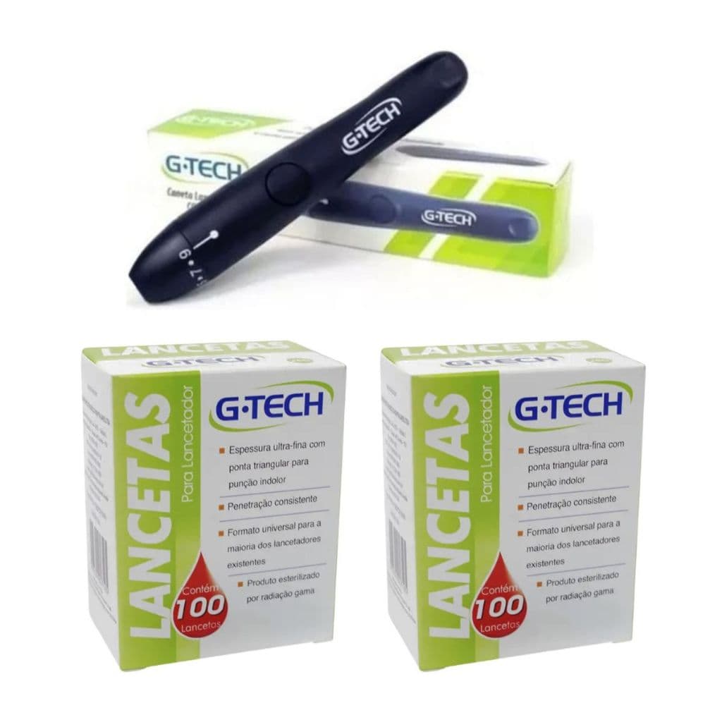 Kit Caneta Lancetadora  + 100 lancetas ou 200 lancetas 30g G-tech Diabetes Glicemia Glicose