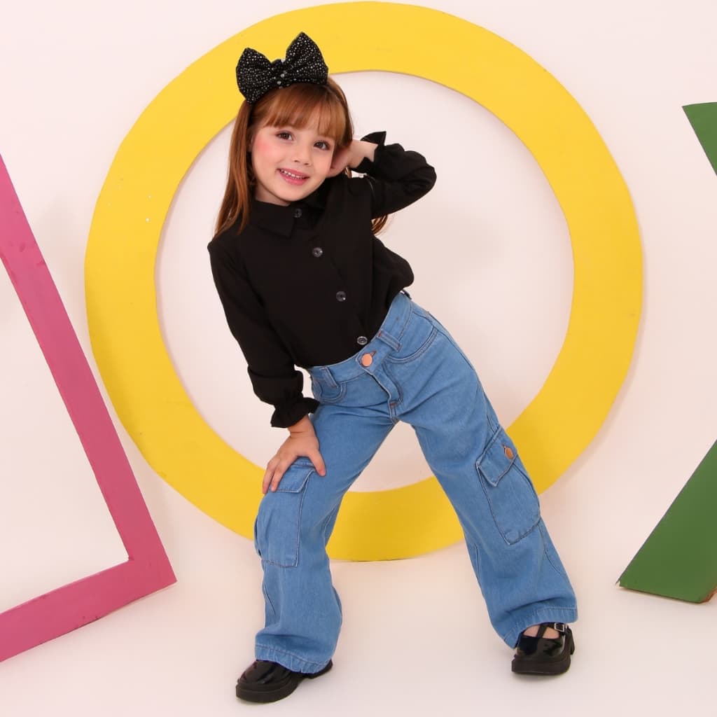 Calça Cargo Wid Leg Infantil Juvenil Crianca Calca Boca Larga Ajuste Lateral Moda Bolsa Jeans 100%