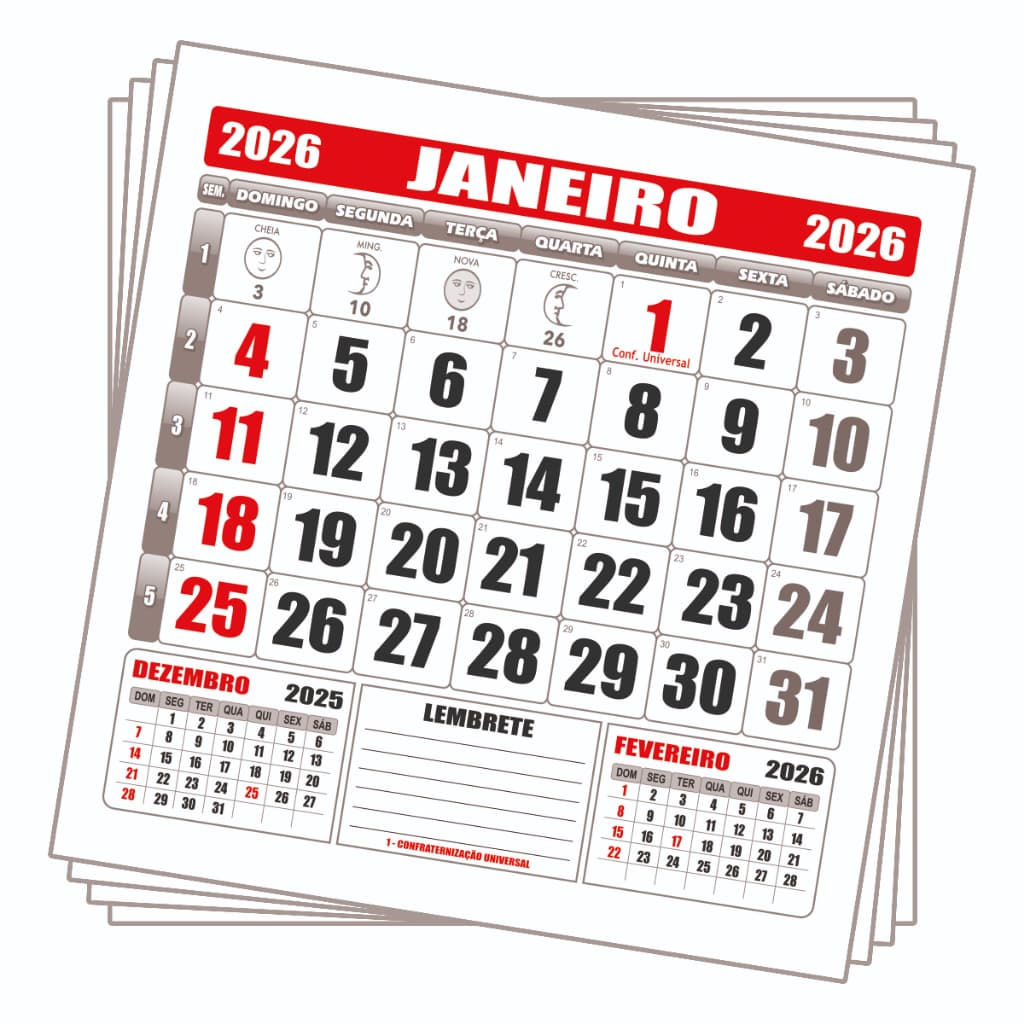 Calendário Bloco 21x22 Folhinha De Parede 100 Un 2026