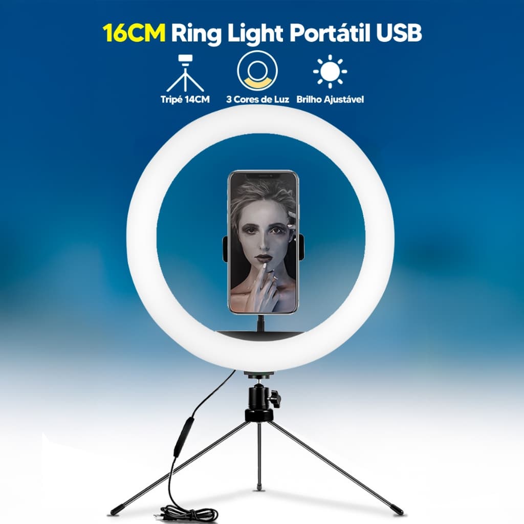 Anel Ring Light 16cm com Tripé de Mesa, Suporte para Celular e Conexão USB