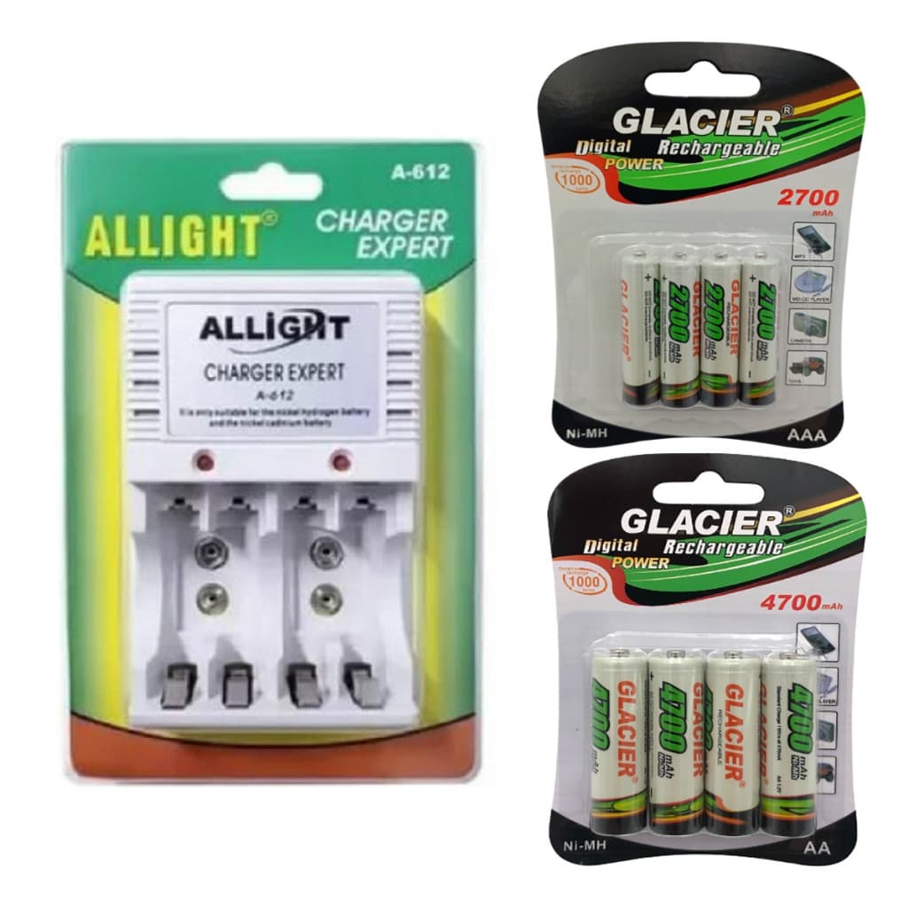 Kit Carregador De Pilhas AA 4700 e AAA 2700 Glacier Recarregáveis Bateria 9v Bivolt Allight