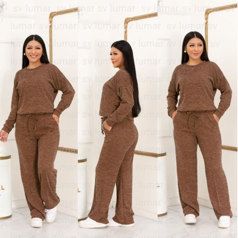 Conjunto Femenino Lanzinha Ribi canelada 2 Peças Blusa e Pantalona plus size