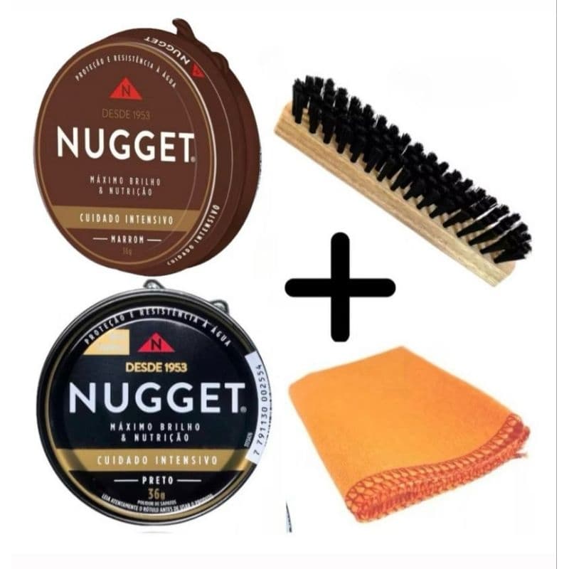 Kit 2 Graxas Nugget Polidor Sapato preto ou marrom 1 Escova 1 Flanela Cera