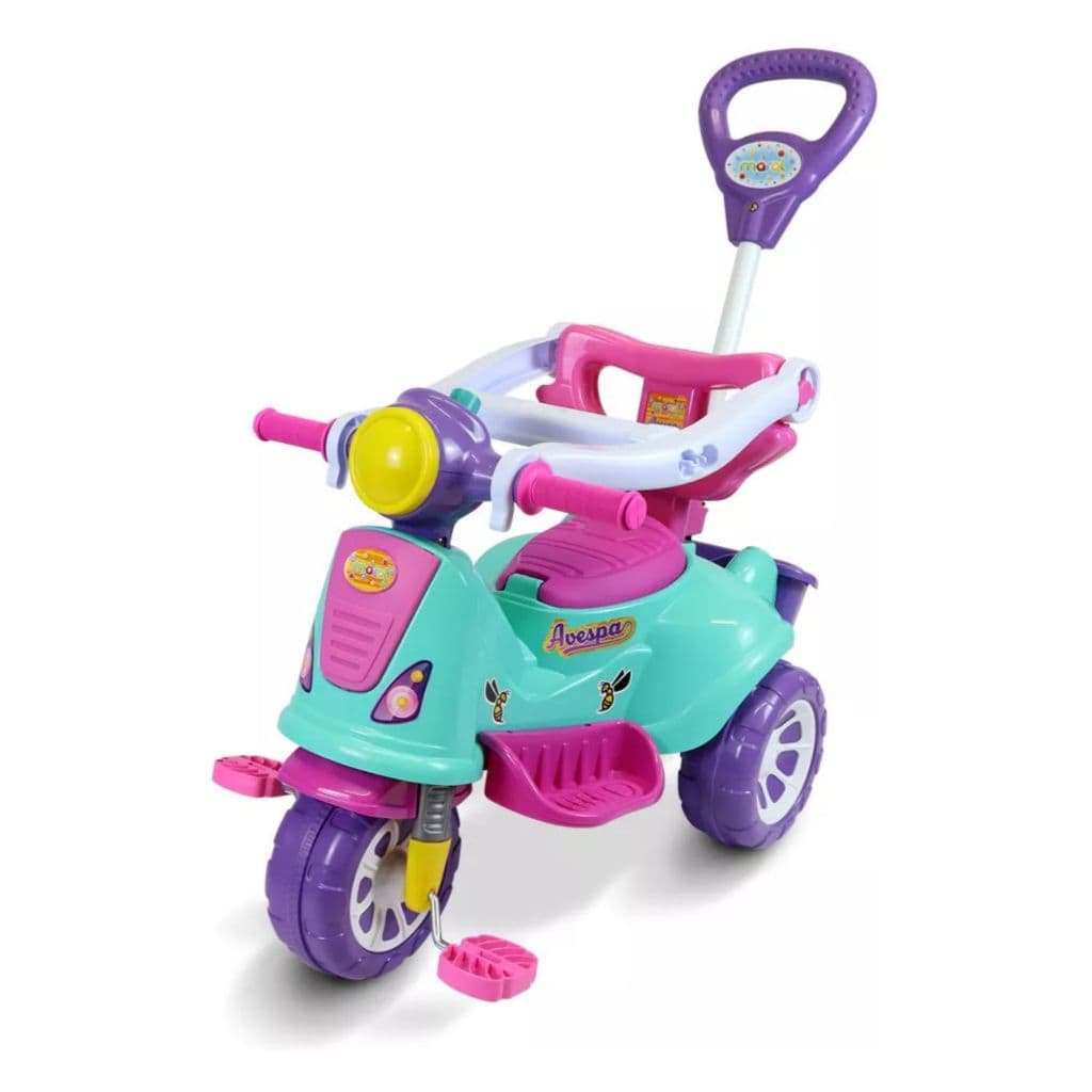 Triciclo Infantil Com Haste E Barra De Proteção Avespa Motoca com Pedal Apoio de Pé e Haste Empurrador Infantil Maral