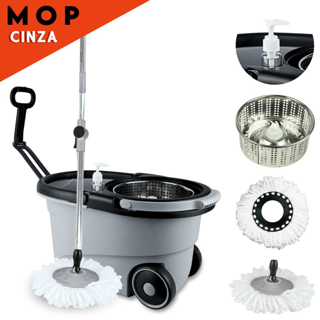 Mop Giratório Cesto Em Inox C/ Rodas e Alça Cabo de 150 cm  Kit Completo Para Limpeza Cinza - SHEFA
