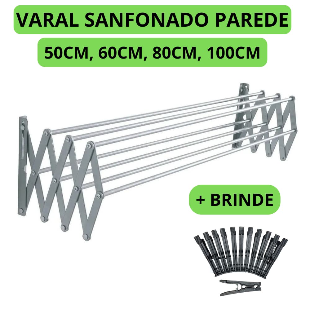 Varal De Roupa Retratil sanfonado Parede varios tamanhos 50cm 60cm 80cm 100cm
