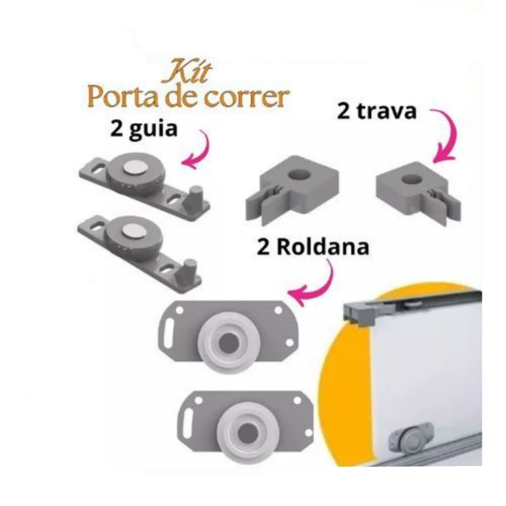 Kit Roldana com Rodízio Guia e Trava Porta de Correr para Guarda Roupa Armário e Gabinete