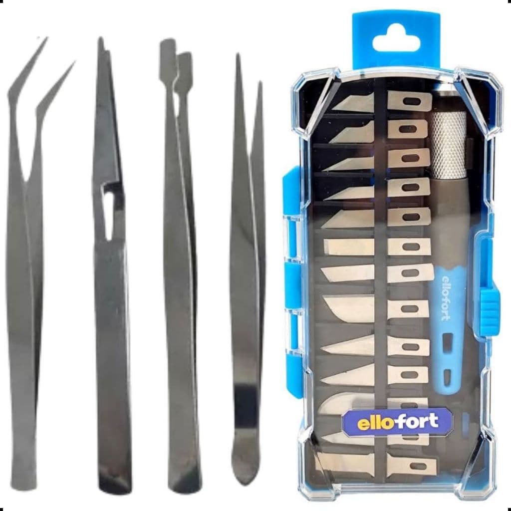 Estilete Ellofort De Precisão Corte Tipo Bisturi Aero Modelismo Artesanato 13 Lâmina C/ 4 Pinças
