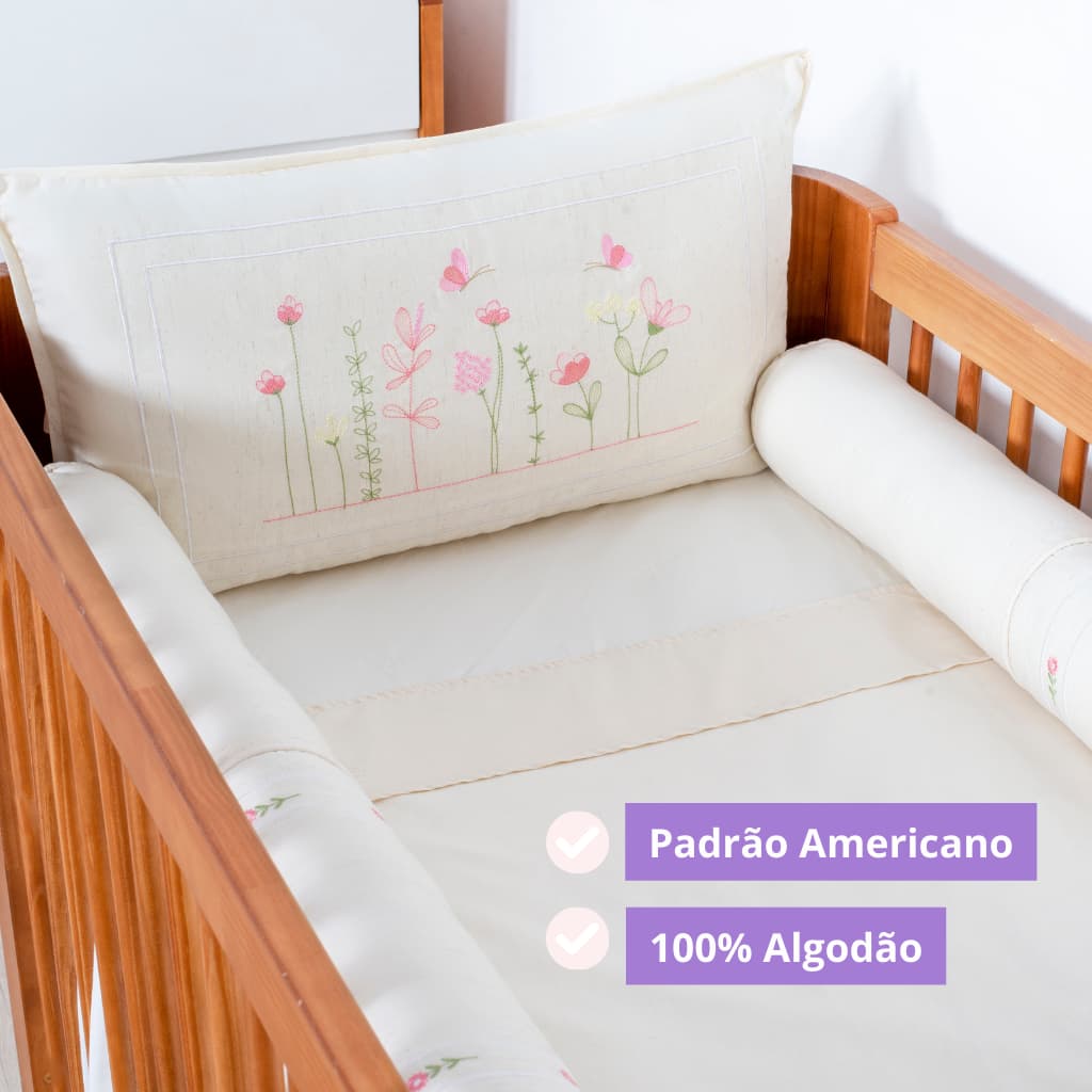 Kit Berço Americano Completo Linho 08 Peças Menino Menina Brubrelel Baby Bordado Flor