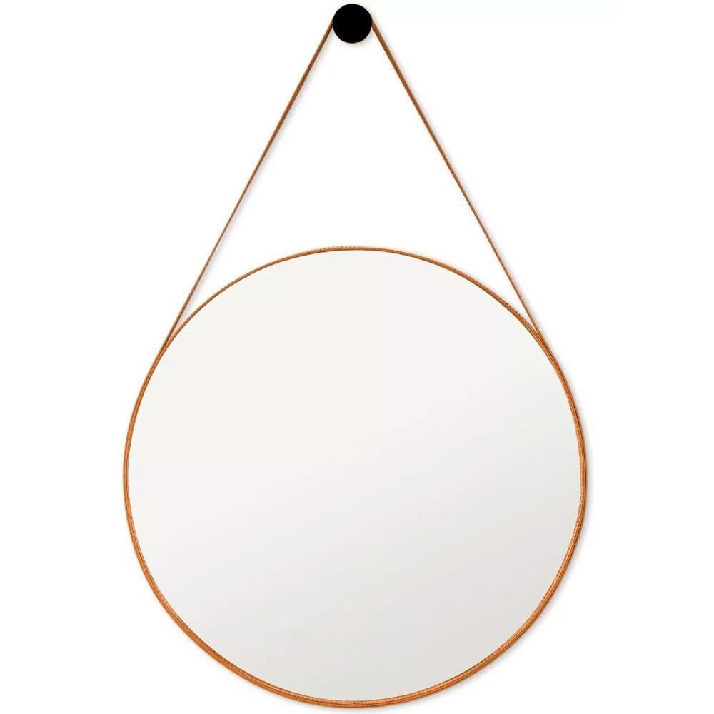 Espelho Redondo Adnet Couro com Alça 60cm 50cm 40cm 30cm 25cm Decorativo + Pino Pendurador